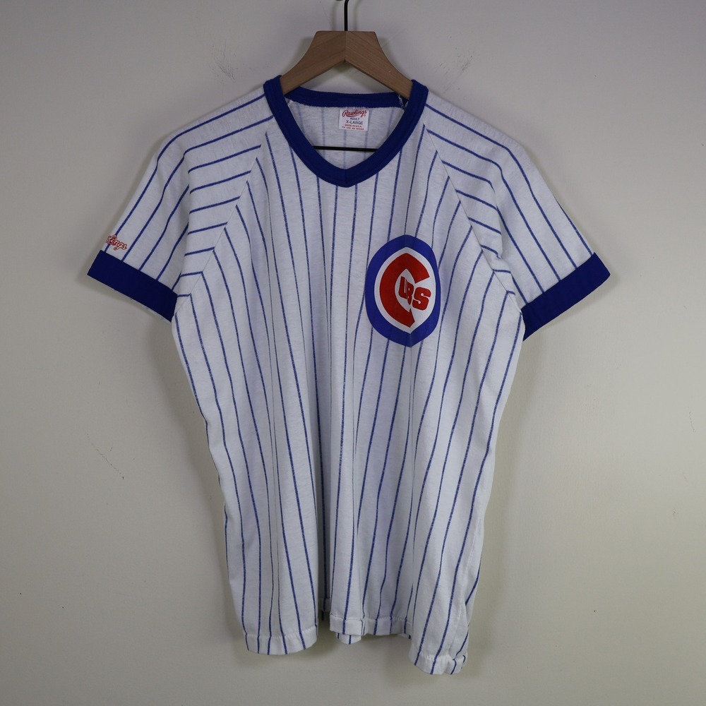 Vintage 80s Chicago Cubs Pinstripe Rawlings Jersey XL MLB Baseball White Blue